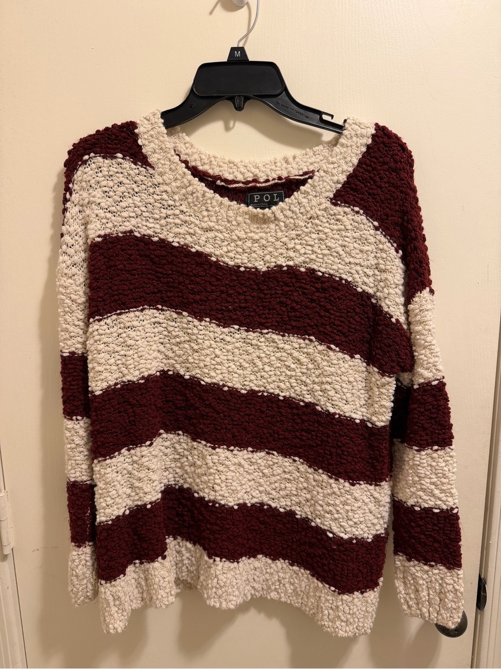 POL Cream and Maroon Striped Popcorn Knit Crewneck Sweater